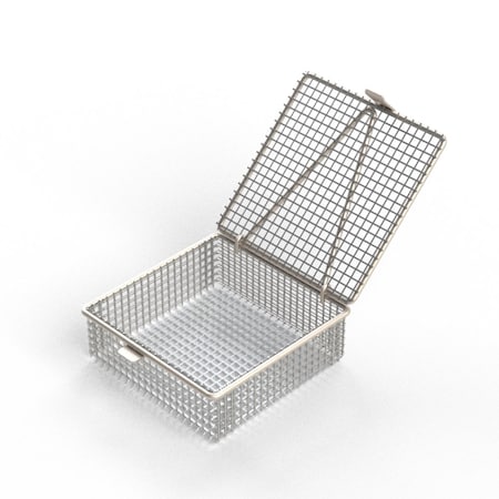 Anysizebasket Light Duty Basket: 6Lx6Wx2H, 304 SS, Hinged Lid with Thumb Clasp, No Handles, Mesh: 2 x .063 FLB-060060020-L02S